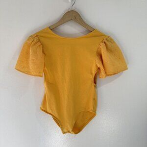 Zara Bodysuit Shirt Girls 13-14 L Yellow Eyelet Lace Sleeves Boho Stretch
